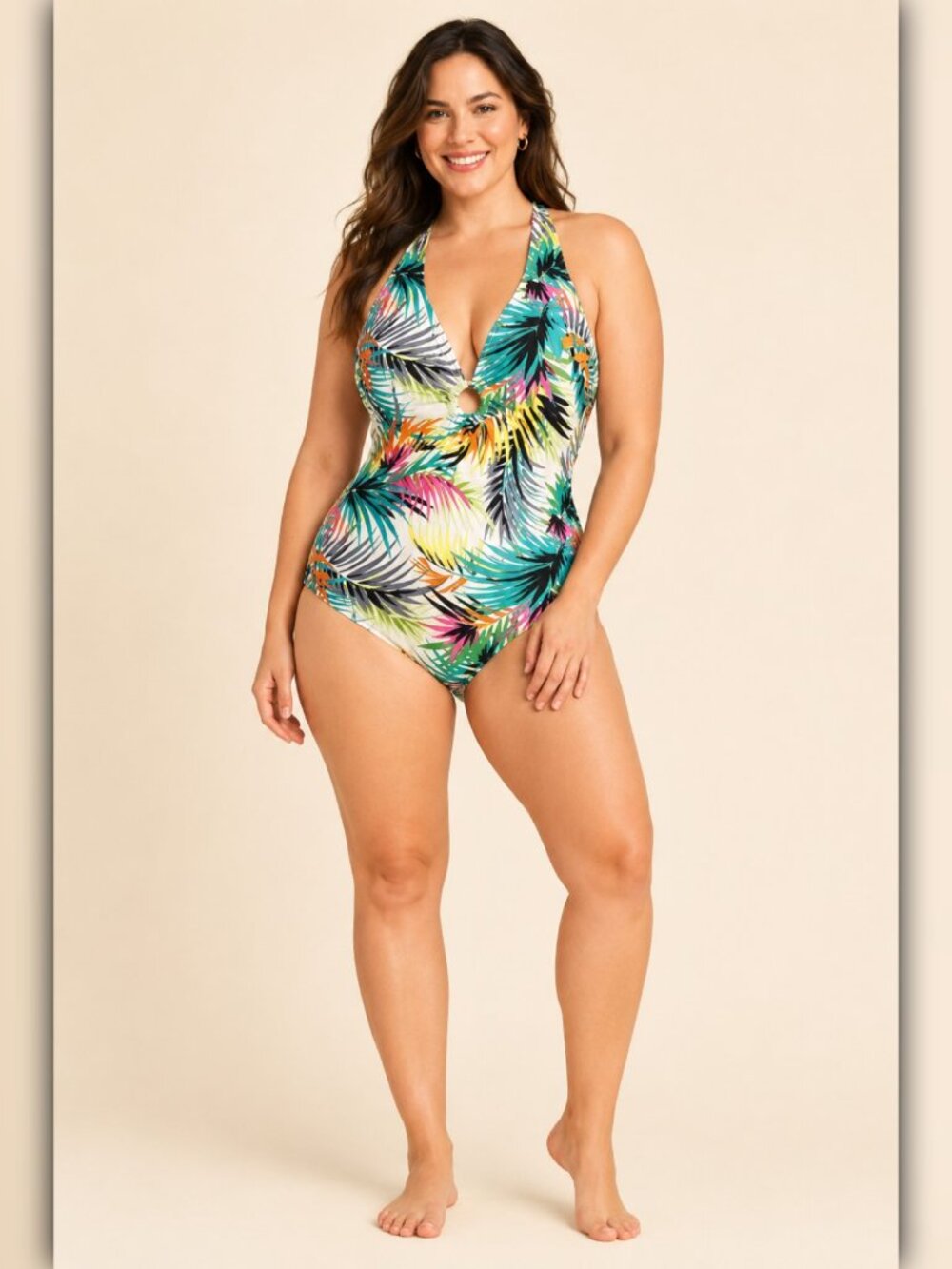 A052-L • Tropical Print Plunge Ring Detail One-Piece Swimsuit
